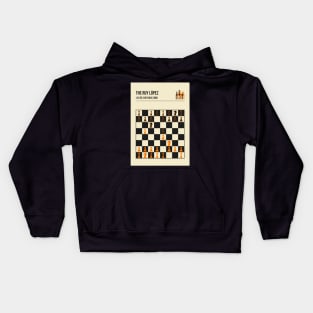 The Ruy Lopez Chess Opening in a vintage book cover poster style. Kids Hoodie